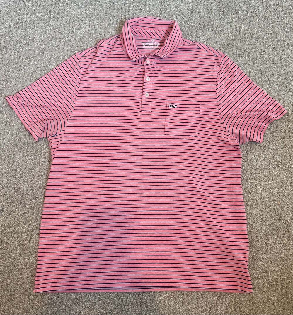 Vineyard Vines Polo Shirt Mens Large Pink Blue Edgartown Golf Striped Pocket